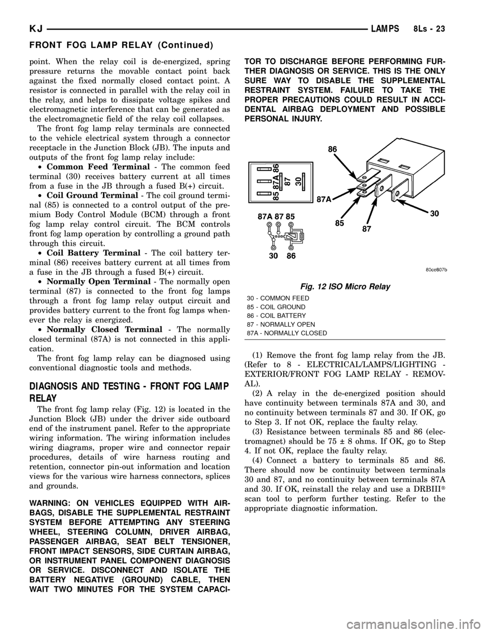 JEEP LIBERTY 2002 KJ / 1.G Service Manual point. When the relay coil is de-energized, spring
pressure returns the movable contact point back
against the fixed normally closed contact point. A
resistor is connected in parallel with the relay c