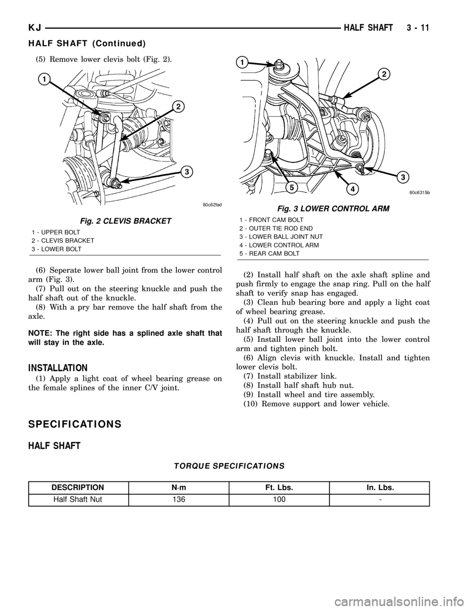 JEEP LIBERTY 2002 KJ / 1.G Workshop Manual (5) Remove lower clevis bolt (Fig. 2).
(6) Seperate lower ball joint from the lower control
arm (Fig. 3).
(7) Pull out on the steering knuckle and push the
half shaft out of the knuckle.
(8) With a pr