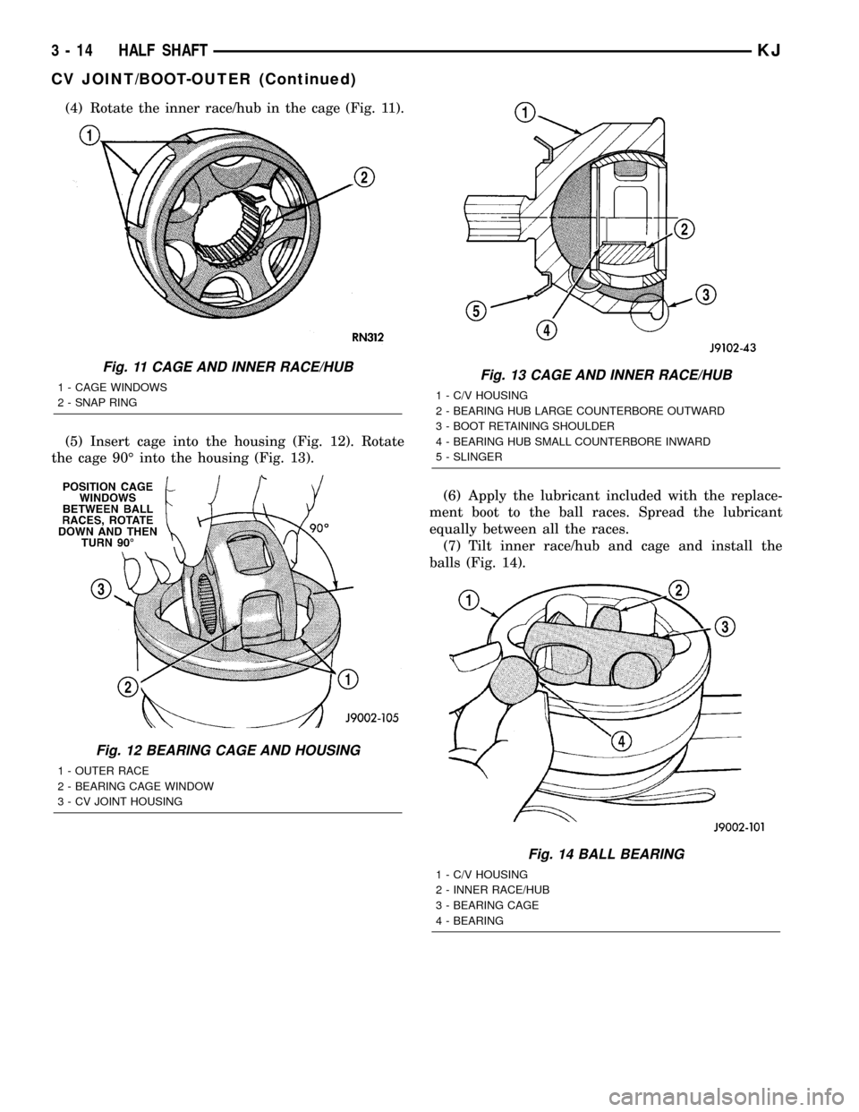 JEEP LIBERTY 2002 KJ / 1.G Workshop Manual (4) Rotate the inner race/hub in the cage (Fig. 11).
(5) Insert cage into the housing (Fig. 12). Rotate
the cage 90É into the housing (Fig. 13).
(6) Apply the lubricant included with the replace-
men