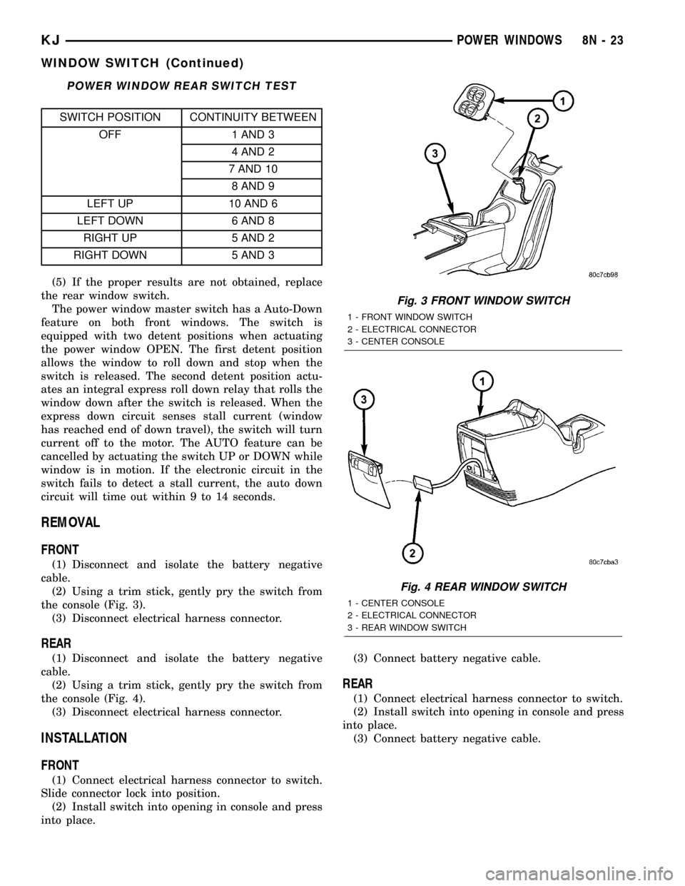 JEEP LIBERTY 2002 KJ / 1.G Workshop Manual POWER WINDOW REAR SWITCH TEST
SWITCH POSITION CONTINUITY BETWEEN
OFF 1 AND 3
4 AND 2
7 AND 10
8 AND 9
LEFT UP 10 AND 6
LEFT DOWN 6 AND 8
RIGHT UP 5 AND 2
RIGHT DOWN 5 AND 3
(5) If the proper results a