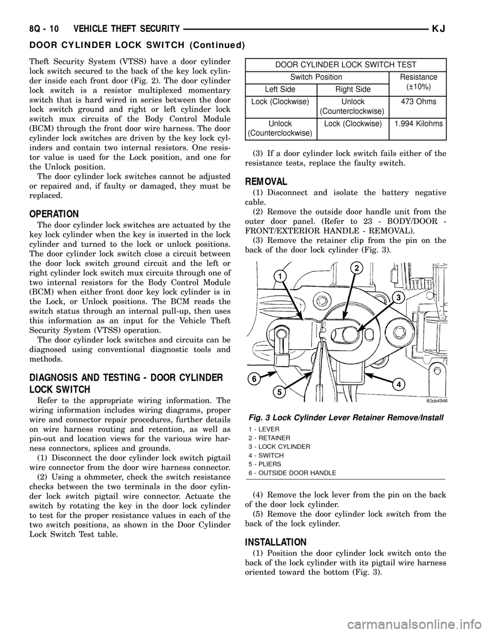 JEEP LIBERTY 2002 KJ / 1.G Repair Manual Theft Security System (VTSS) have a door cylinder
lock switch secured to the back of the key lock cylin-
der inside each front door (Fig. 2). The door cylinder
lock switch is a resistor multiplexed mo