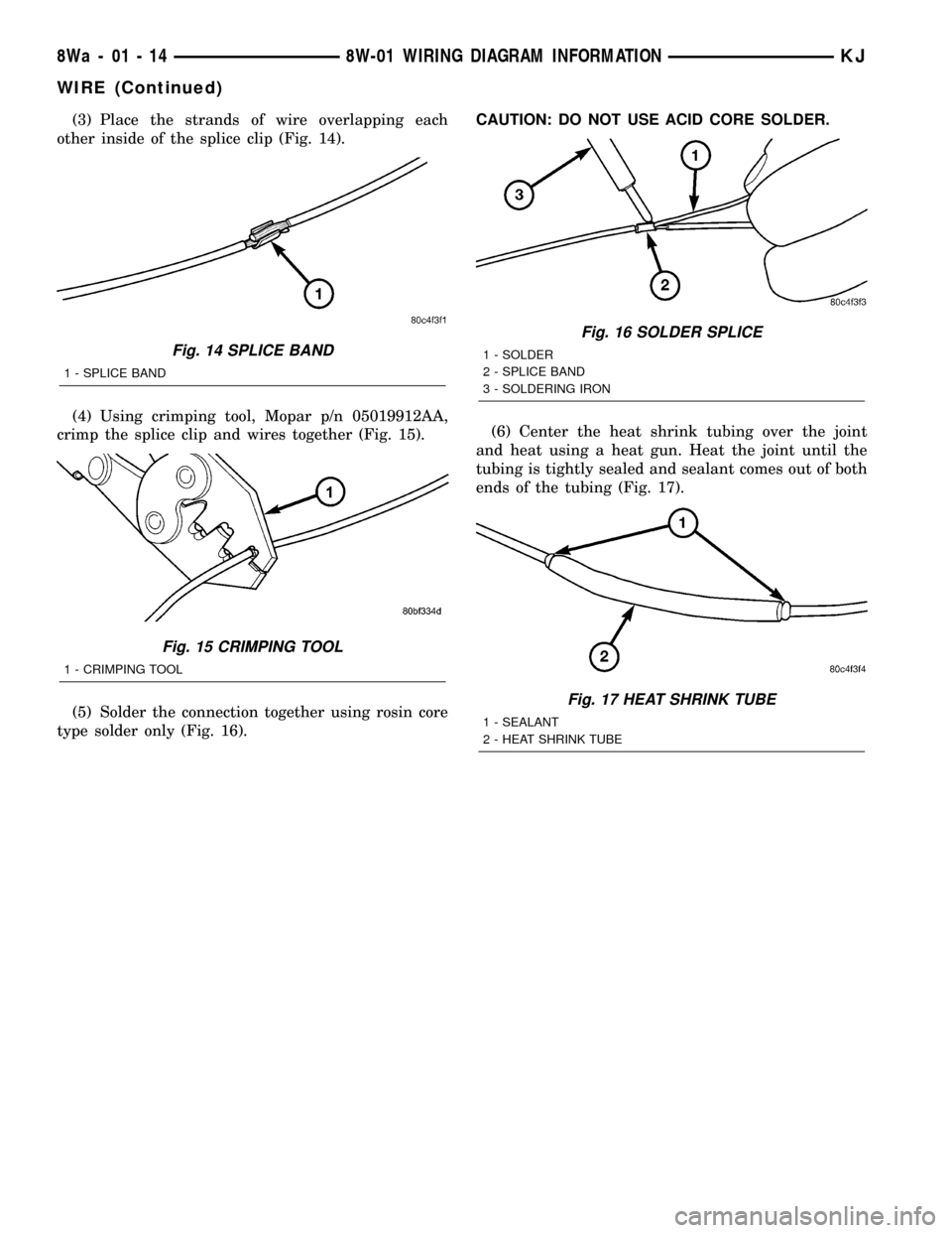 JEEP LIBERTY 2002 KJ / 1.G Manual Online (3) Place the strands of wire overlapping each
other inside of the splice clip (Fig. 14).
(4) Using crimping tool, Mopar p/n 05019912AA,
crimp the splice clip and wires together (Fig. 15).
(5) Solder 