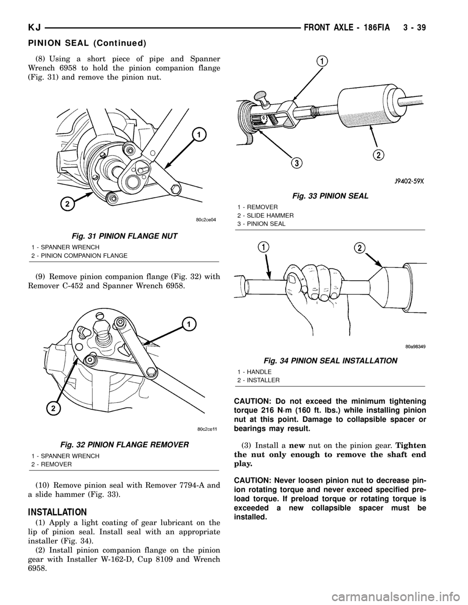 JEEP LIBERTY 2002 KJ / 1.G Workshop Manual (8) Using a short piece of pipe and Spanner
Wrench 6958 to hold the pinion companion flange
(Fig. 31) and remove the pinion nut.
(9) Remove pinion companion flange (Fig. 32) with
Remover C-452 and Spa