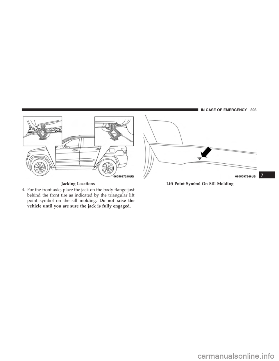 JEEP GRAND CHEROKEE SRT 2017  Owners Manual 4. For the front axle, place the jack on the body flange justbehind the front tire as indicated by the triangular lift
point symbol on the sill molding. Do not raise the
vehicle until you are sure the