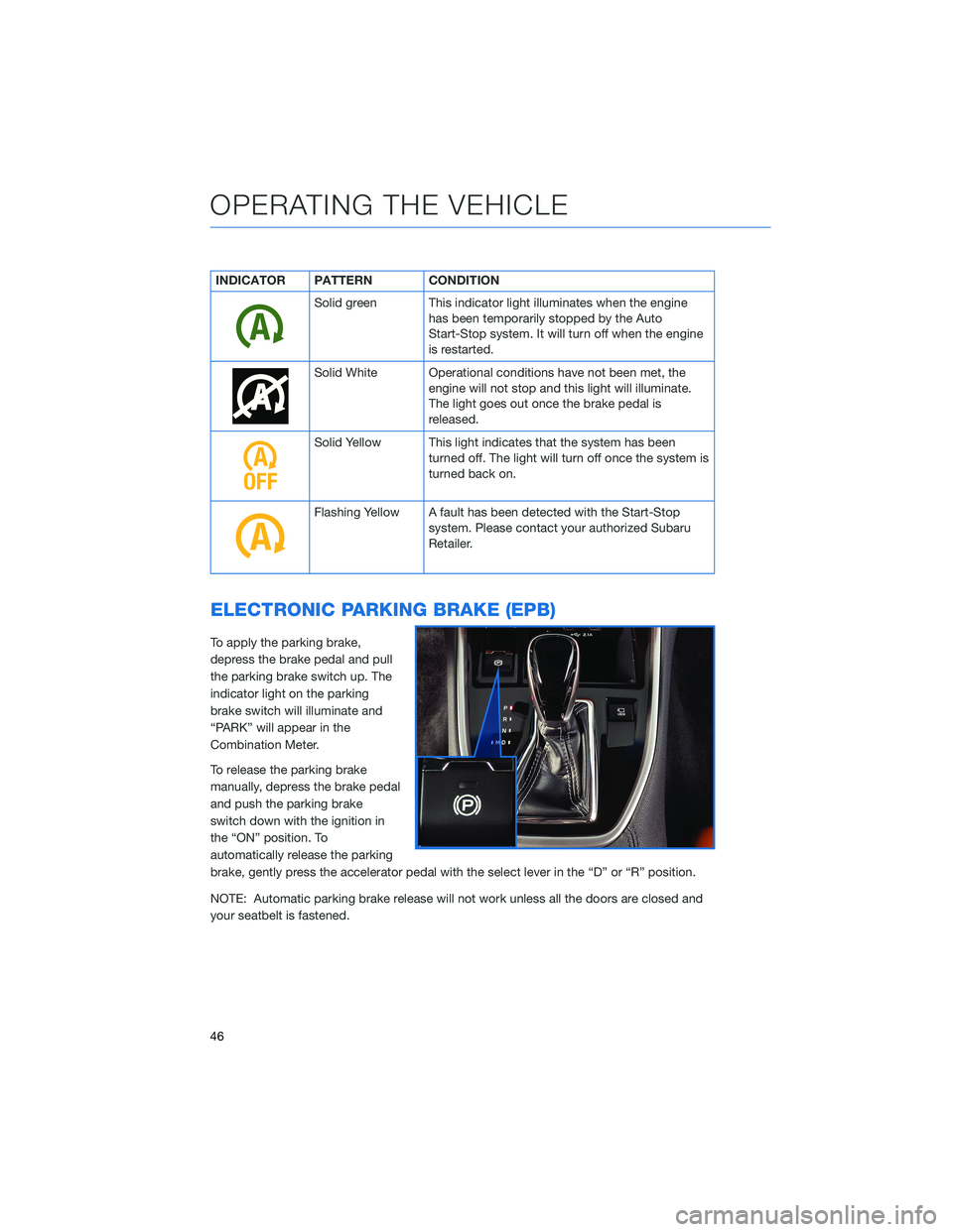 SUBARU OUTBACK 2022 Getting Started Guide INDICATOR PATTERN CONDITION
Solid green This indicator light illuminates when the engine
has been temporarily stopped by the Auto
Start-Stop system. It will turn off when the engine
is restarted.
Soli SUBARU OUTBACK 2022 Getting Started Guide INDICATOR PATTERN CONDITION
Solid green This indicator light illuminates when the engine
has been temporarily stopped by the Auto
Start-Stop system. It will turn off when the engine
is restarted.
Soli