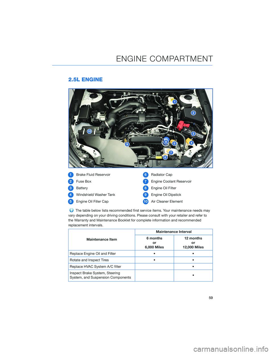 SUBARU OUTBACK 2022 Getting Started Guide 2.5L ENGINE
1Brake Fluid Reservoir
2Fuse Box
3Battery
4Windshield Washer Tank
5Engine Oil Filler Cap6Radiator Cap
7Engine Coolant Reservoir
8Engine Oil Filter
9Engine Oil Dipstick
10Air Cleaner Elemen SUBARU OUTBACK 2022 Getting Started Guide 2.5L ENGINE
1Brake Fluid Reservoir
2Fuse Box
3Battery
4Windshield Washer Tank
5Engine Oil Filler Cap6Radiator Cap
7Engine Coolant Reservoir
8Engine Oil Filter
9Engine Oil Dipstick
10Air Cleaner Elemen