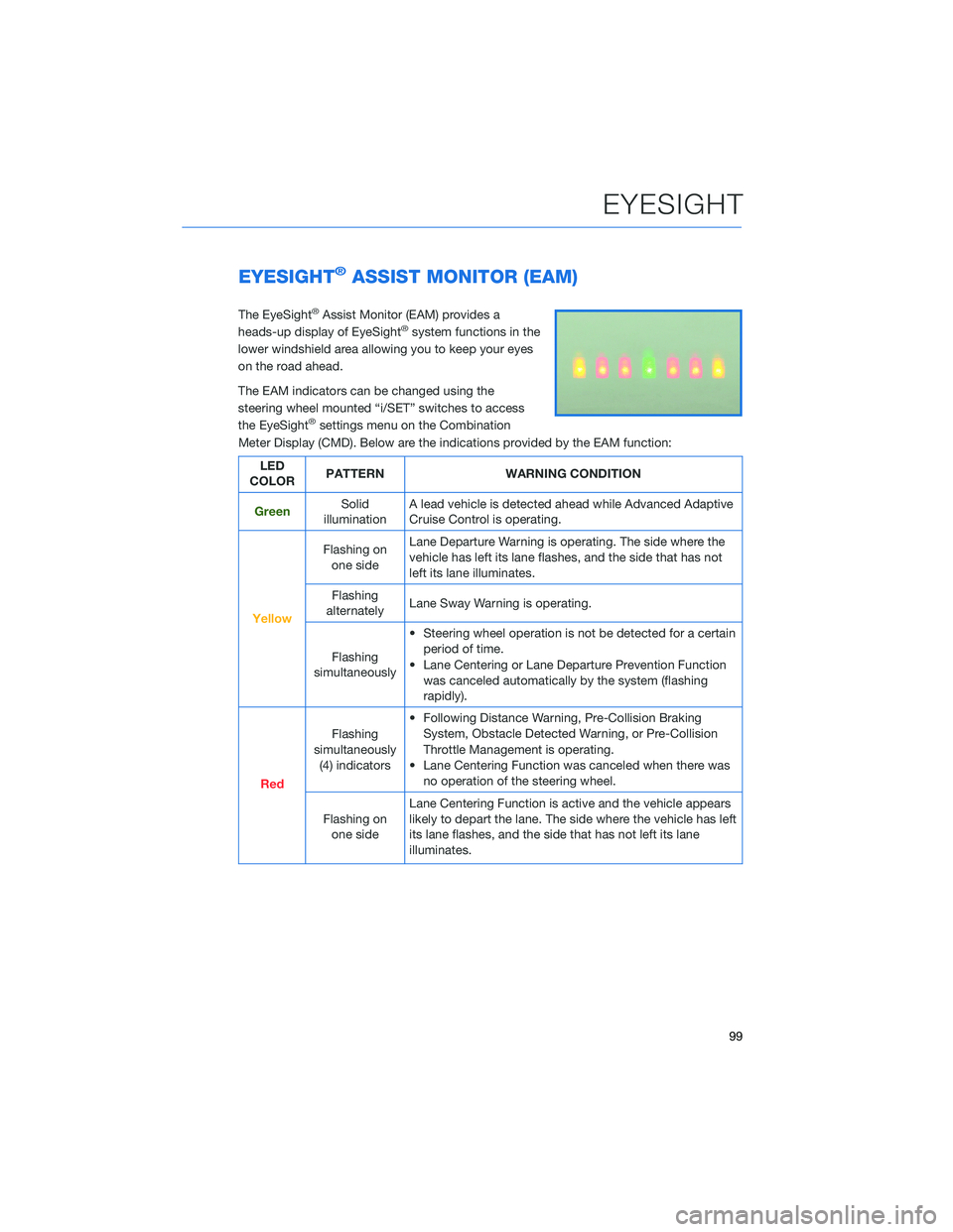 SUBARU ASCENT 2022  Getting Started Guide EYESIGHT®ASSIST MONITOR (EAM)
The EyeSight®Assist Monitor (EAM) provides a
heads-up display of EyeSight®system functions in the
lower windshield area allowing you to keep your eyes
on the road ahea