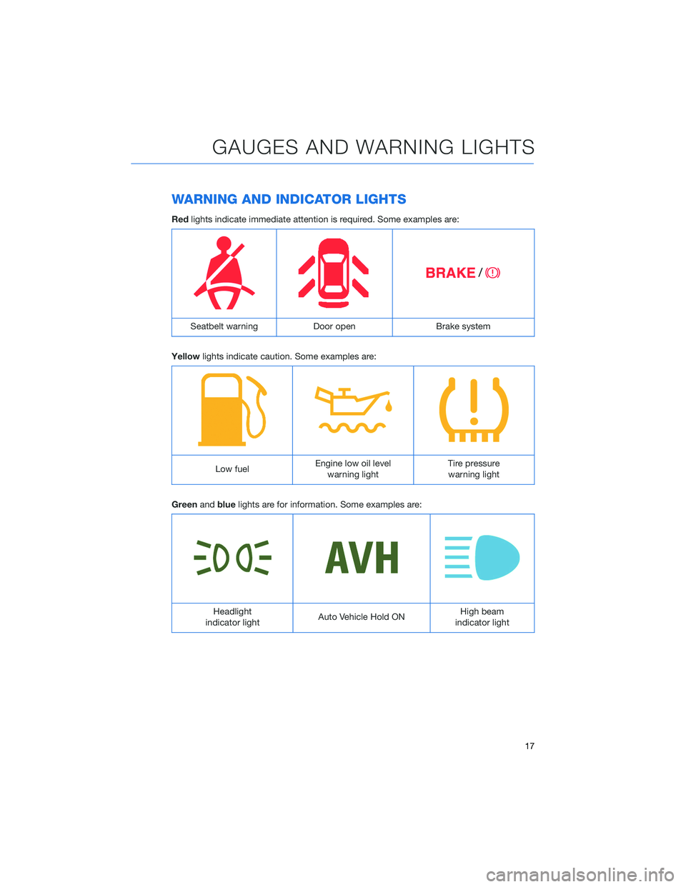 SUBARU ASCENT 2022  Getting Started Guide WARNING AND INDICATOR LIGHTS
Redlights indicate immediate attention is required. Some examples are:
Seatbelt warning Door open Brake system
Yellowlights indicate caution. Some examples are:
Low fuelEn