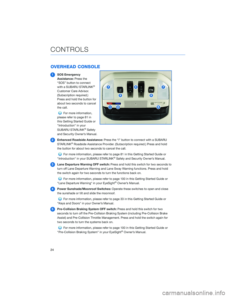 SUBARU ASCENT 2022 Getting Started Guide OVERHEAD CONSOLE
1SOS Emergency
Assistance:Press the
“SOS” button to connect
with a SUBARU STARLINK
®
Customer Care Advisor.
(Subscription required.)
Press and hold the button for
about two secon SUBARU ASCENT 2022 Getting Started Guide OVERHEAD CONSOLE
1SOS Emergency
Assistance:Press the
“SOS” button to connect
with a SUBARU STARLINK
®
Customer Care Advisor.
(Subscription required.)
Press and hold the button for
about two secon