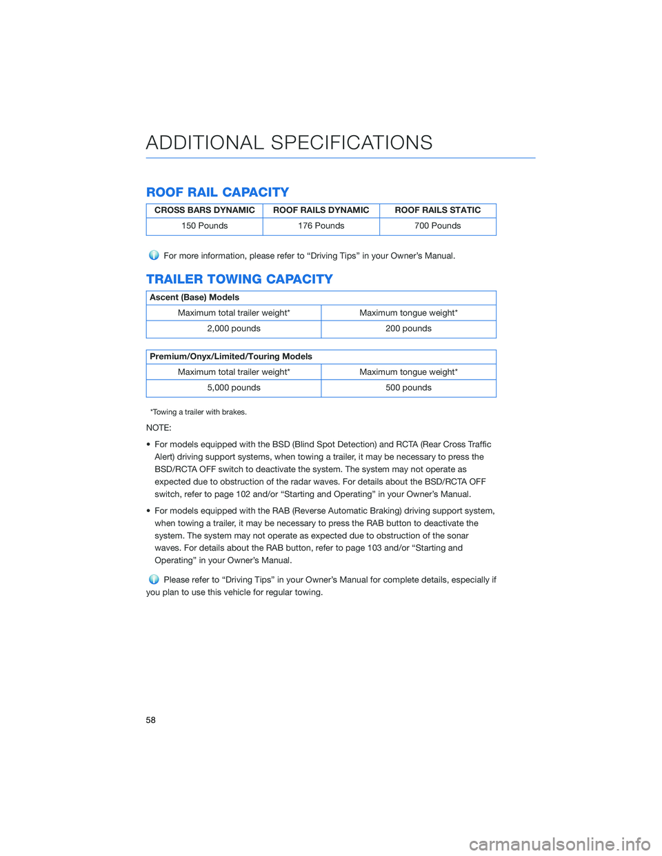 SUBARU ASCENT 2022  Getting Started Guide ROOF RAIL CAPACITY
CROSS BARS DYNAMIC ROOF RAILS DYNAMIC ROOF RAILS STATIC
150 Pounds 176 Pounds 700 Pounds
For more information, please refer to “Driving Tips” in your Owner’s Manual.
TRAILER T