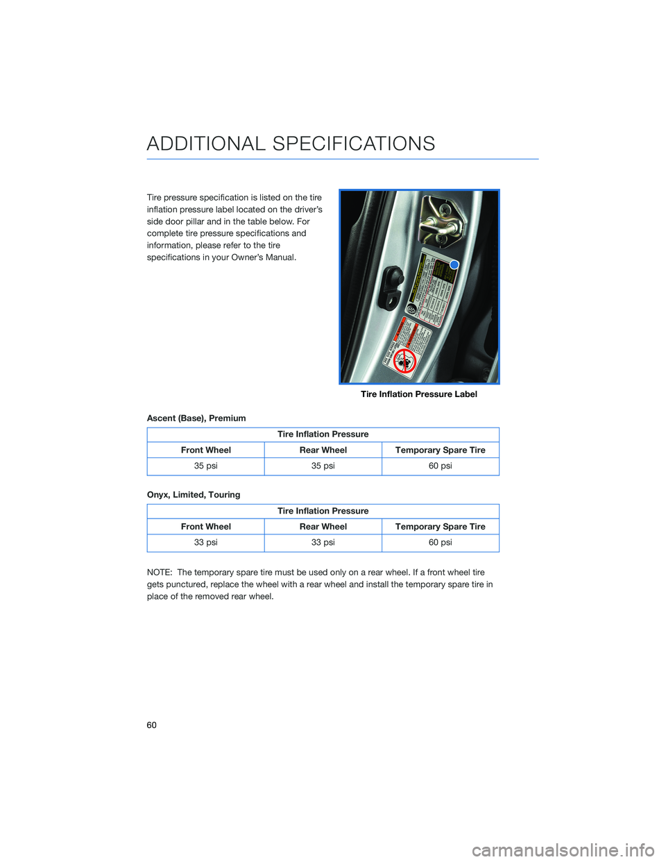 SUBARU ASCENT 2022  Getting Started Guide Tire pressure specification is listed on the tire
inflation pressure label located on the driver’s
side door pillar and in the table below. For
complete tire pressure specifications and
information,