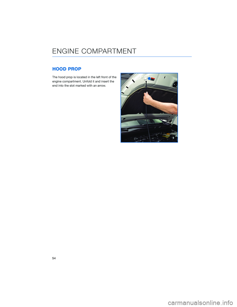 SUBARU FORESTER 2022  Getting Started Guide HOOD PROP
The hood prop is located in the left front of the
engine compartment. Unfold it and insert the
end into the slot marked with an arrow.
ENGINE COMPARTMENT
54 