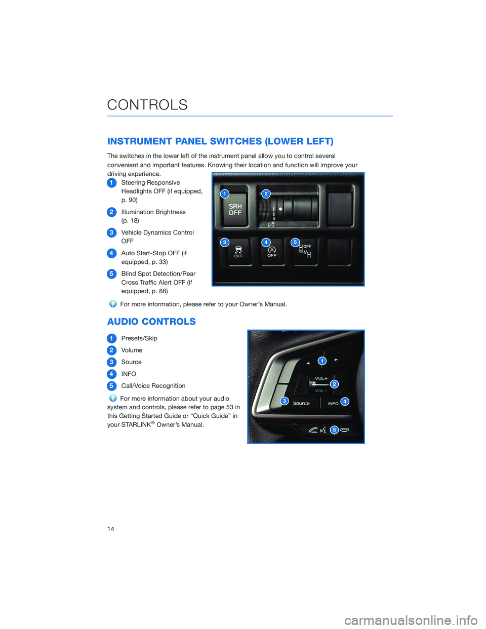 SUBARU CROSSTREK 2022 Getting Started Guide INSTRUMENT PANEL SWITCHES (LOWER LEFT)
The switches in the lower left of the instrument panel allow you to control several
convenient and important features. Knowing their location and function will i SUBARU CROSSTREK 2022 Getting Started Guide INSTRUMENT PANEL SWITCHES (LOWER LEFT)
The switches in the lower left of the instrument panel allow you to control several
convenient and important features. Knowing their location and function will i