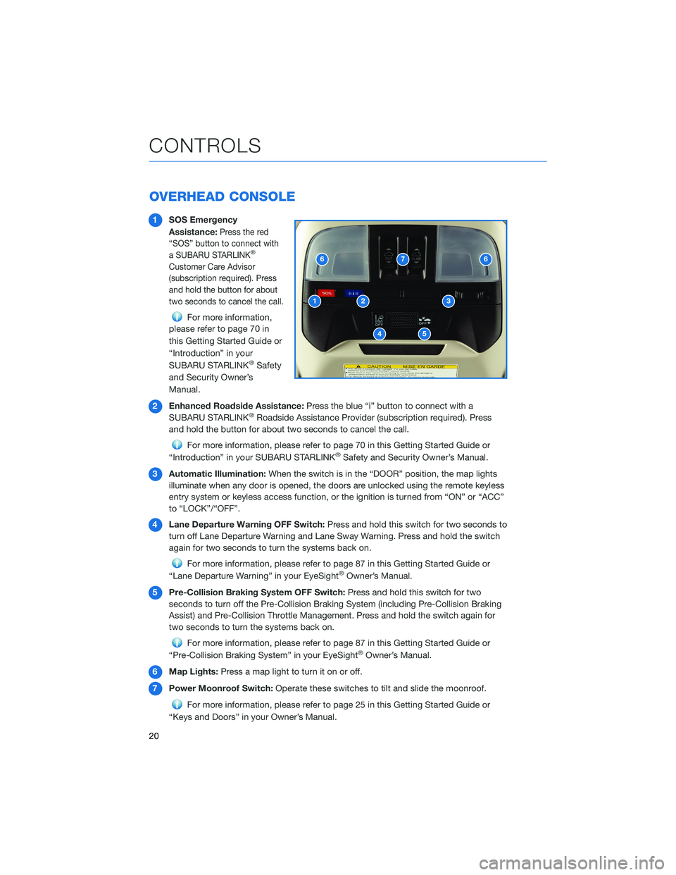 SUBARU CROSSTREK 2022 Getting Started Guide OVERHEAD CONSOLE
1SOS Emergency
Assistance:
Press the red
“SOS” button to connect with
a SUBARU STARLINK
®
Customer Care Advisor
(subscription required). Press
and hold the button for about
two s SUBARU CROSSTREK 2022 Getting Started Guide OVERHEAD CONSOLE
1SOS Emergency
Assistance:
Press the red
“SOS” button to connect with
a SUBARU STARLINK
®
Customer Care Advisor
(subscription required). Press
and hold the button for about
two s