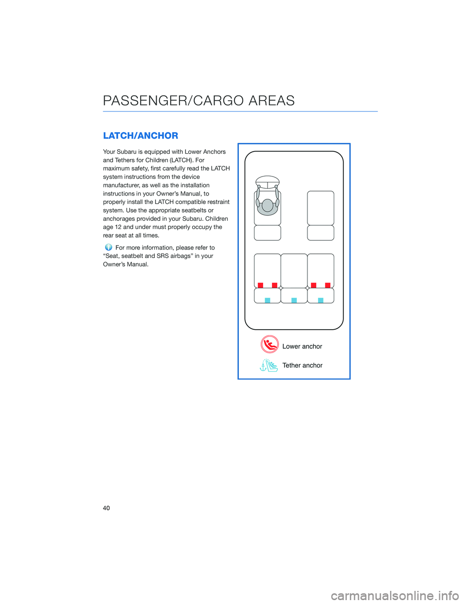 SUBARU CROSSTREK 2022  Getting Started Guide LATCH/ANCHOR
Your Subaru is equipped with Lower Anchors
and Tethers for Children (LATCH). For
maximum safety, first carefully read the LATCH
system instructions from the device
manufacturer, as well a