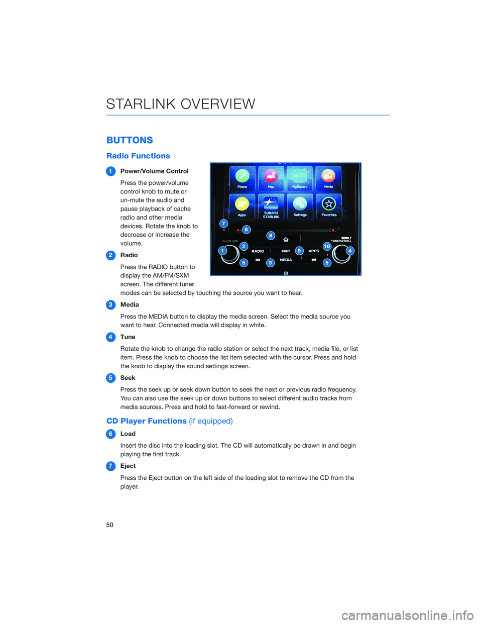 SUBARU CROSSTREK 2022  Getting Started Guide BUTTONS
Radio Functions
1Power/Volume Control
Press the power/volume
control knob to mute or
un-mute the audio and
pause playback of cache
radio and other media
devices. Rotate the knob to
decrease or