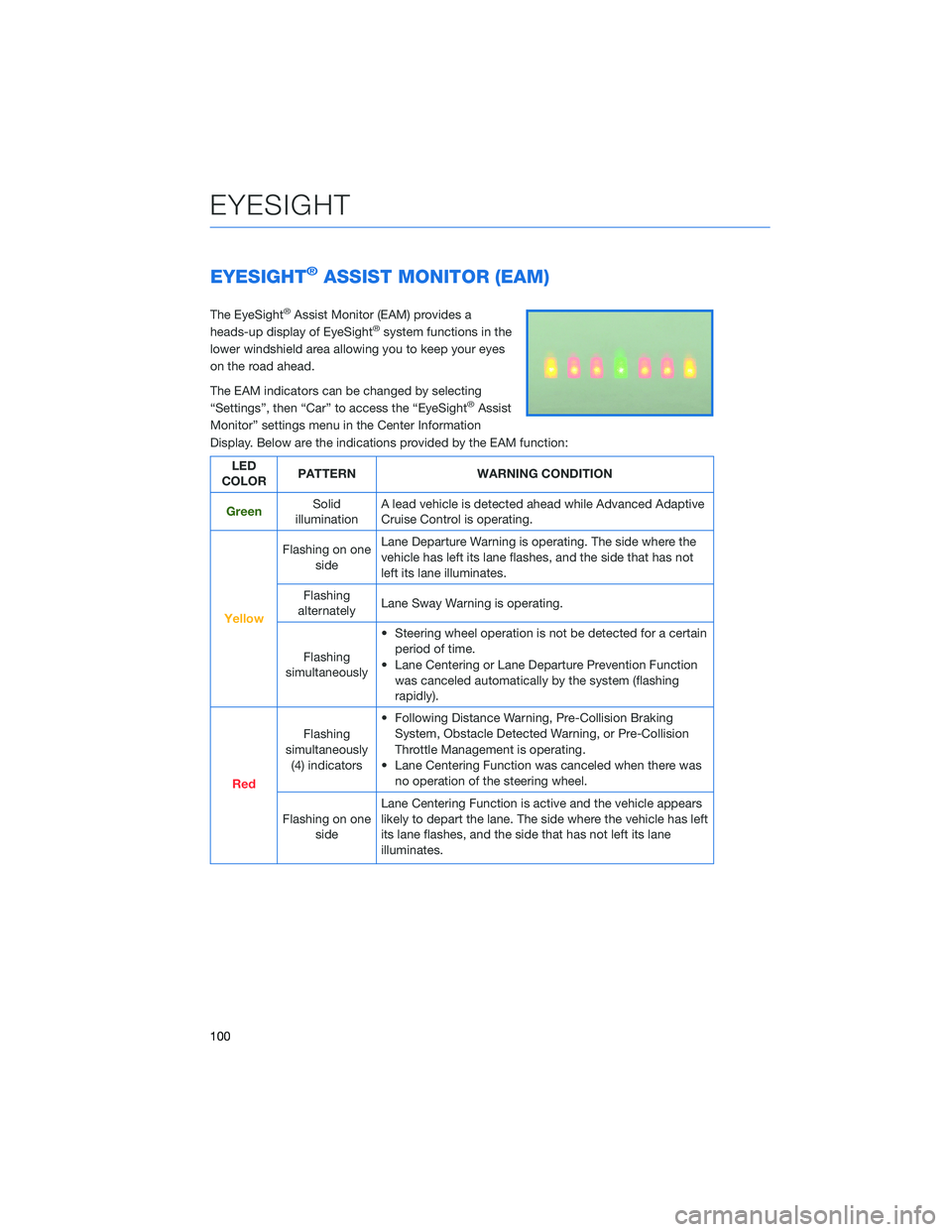 SUBARU LEGACY 2022 Getting Started Guide EYESIGHT®ASSIST MONITOR (EAM)
The EyeSight®Assist Monitor (EAM) provides a
heads-up display of EyeSight®system functions in the
lower windshield area allowing you to keep your eyes
on the road ahea SUBARU LEGACY 2022 Getting Started Guide EYESIGHT®ASSIST MONITOR (EAM)
The EyeSight®Assist Monitor (EAM) provides a
heads-up display of EyeSight®system functions in the
lower windshield area allowing you to keep your eyes
on the road ahea