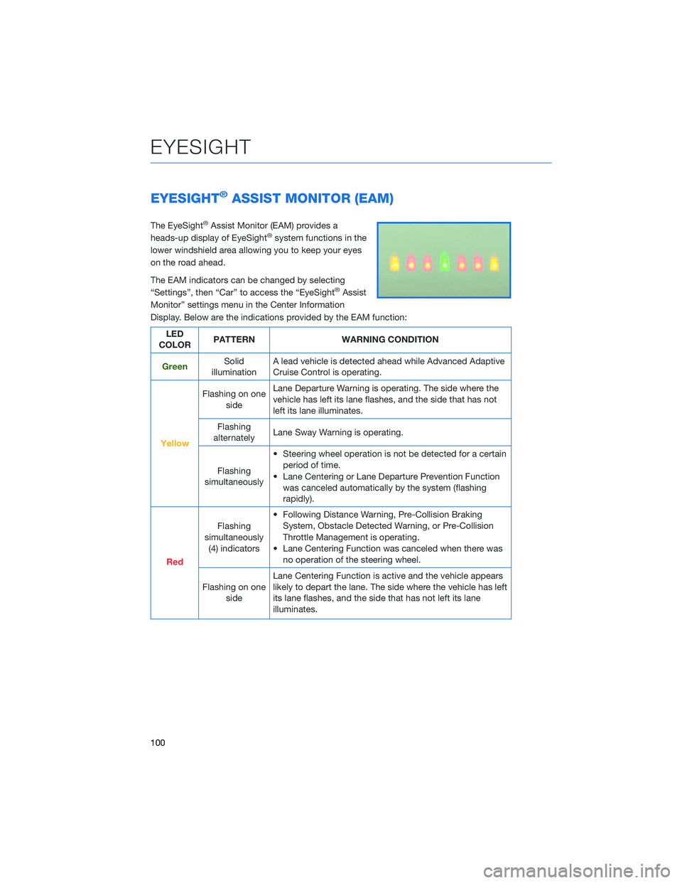 SUBARU LEGACY 2022  Getting Started Guide EYESIGHT®ASSIST MONITOR (EAM)
The EyeSight®Assist Monitor (EAM) provides a
heads-up display of EyeSight®system functions in the
lower windshield area allowing you to keep your eyes
on the road ahea