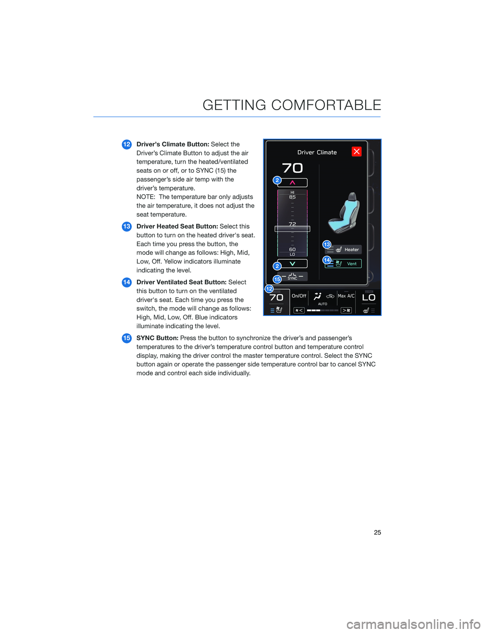 SUBARU LEGACY 2022 Getting Started Guide 12Driver’s Climate Button:Select the
Driver’s Climate Button to adjust the air
temperature, turn the heated/ventilated
seats on or off, or to SYNC (15) the
passenger’s side air temp with the
dri SUBARU LEGACY 2022 Getting Started Guide 12Driver’s Climate Button:Select the
Driver’s Climate Button to adjust the air
temperature, turn the heated/ventilated
seats on or off, or to SYNC (15) the
passenger’s side air temp with the
dri