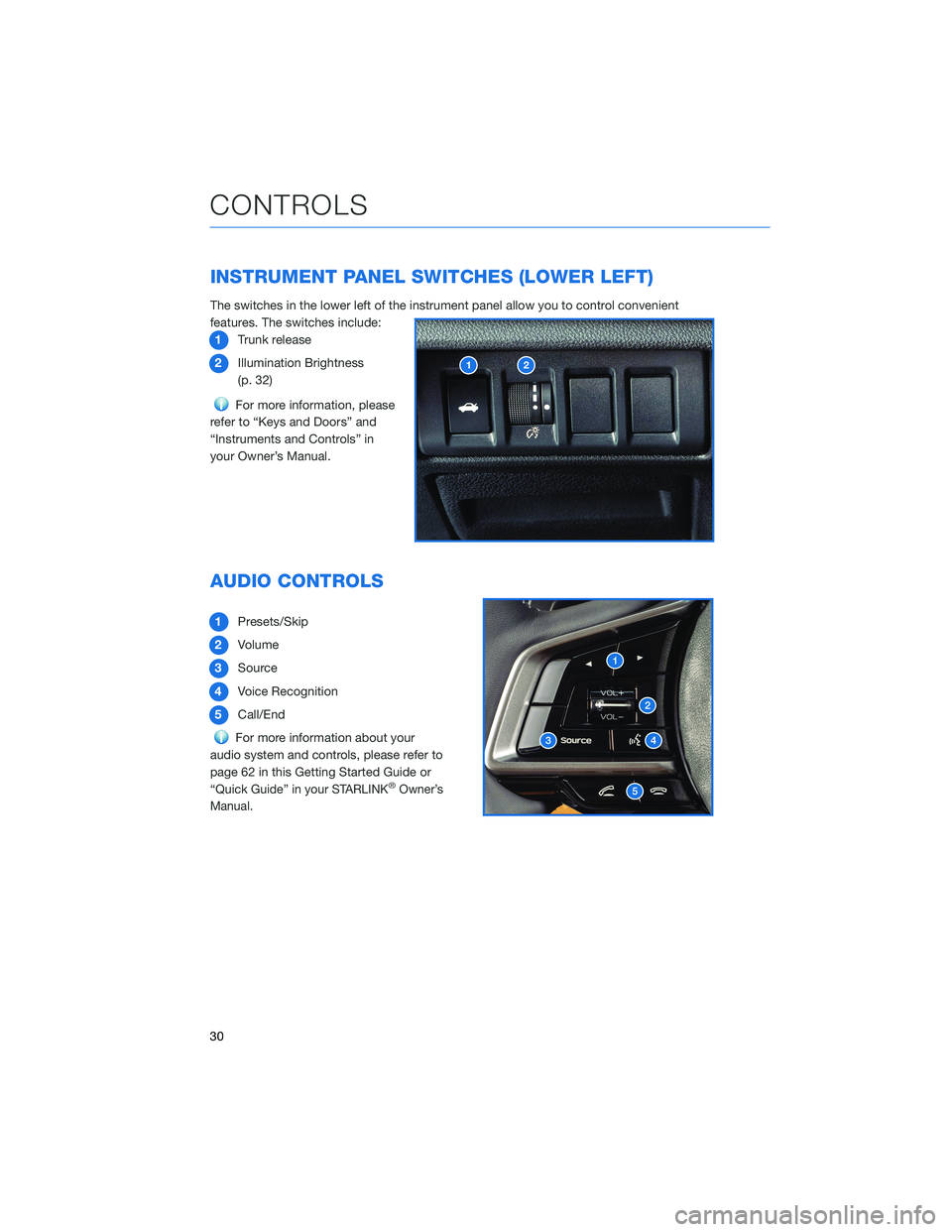 SUBARU LEGACY 2022 Getting Started Guide INSTRUMENT PANEL SWITCHES (LOWER LEFT)
The switches in the lower left of the instrument panel allow you to control convenient
features. The switches include:
1Trunk release
2Illumination Brightness
(p SUBARU LEGACY 2022 Getting Started Guide INSTRUMENT PANEL SWITCHES (LOWER LEFT)
The switches in the lower left of the instrument panel allow you to control convenient
features. The switches include:
1Trunk release
2Illumination Brightness
(p