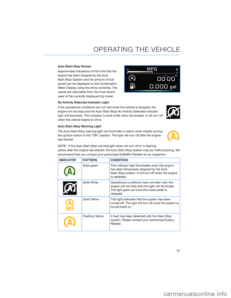 SUBARU LEGACY 2022 Getting Started Guide Auto Start-Stop Screen
Approximate indications of the time that the
engine has been stopped by the Auto
Start-Stop System and the amount of fuel
saved can be displayed on the Combination
Meter Display SUBARU LEGACY 2022 Getting Started Guide Auto Start-Stop Screen
Approximate indications of the time that the
engine has been stopped by the Auto
Start-Stop System and the amount of fuel
saved can be displayed on the Combination
Meter Display