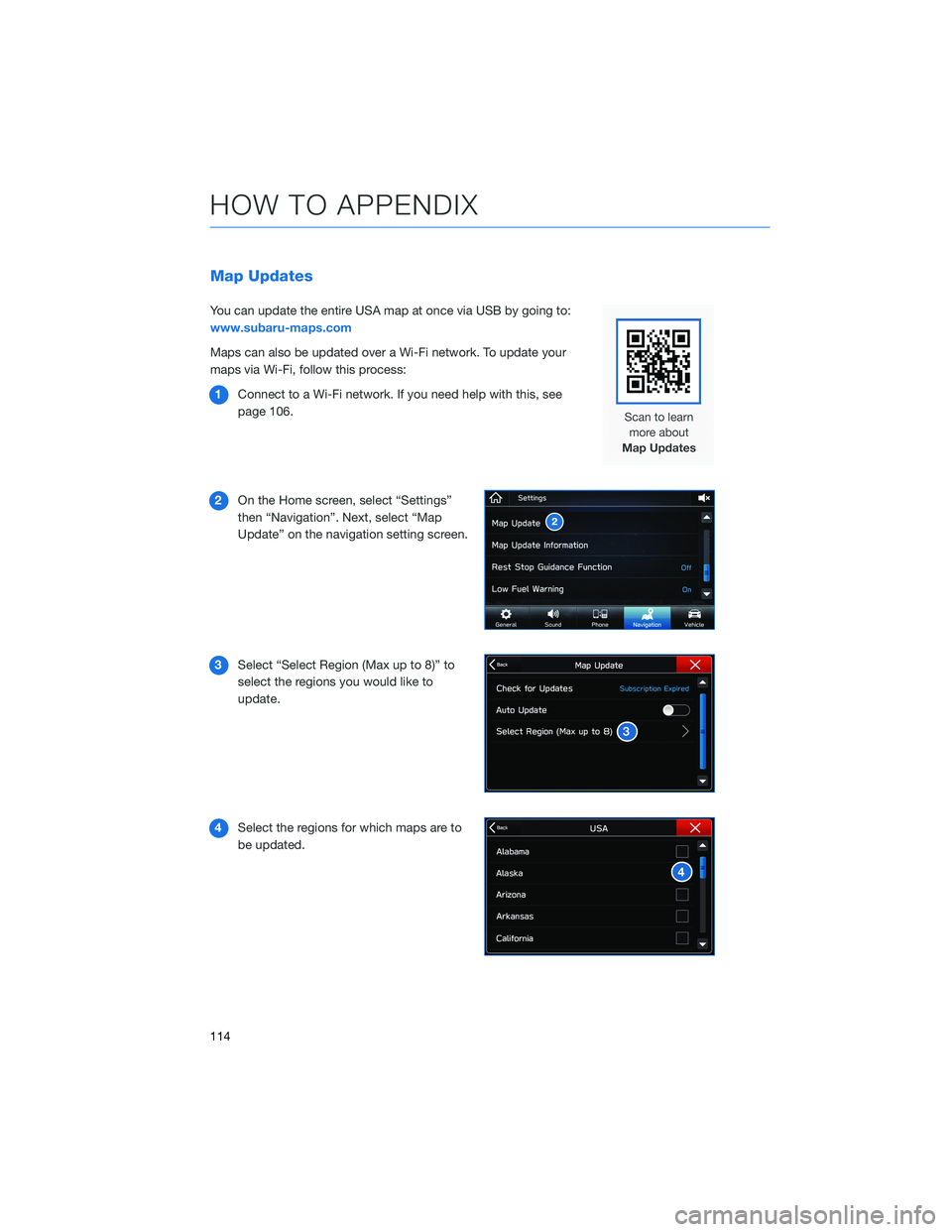 SUBARU IMPREZA 2022 Getting Started Guide Map Updates
You can update the entire USA map at once via USB by going to:
www.subaru-maps.com
Maps can also be updated over a Wi-Fi network. To update your
maps via Wi-Fi, follow this process:1 Conne SUBARU IMPREZA 2022 Getting Started Guide Map Updates
You can update the entire USA map at once via USB by going to:
www.subaru-maps.com
Maps can also be updated over a Wi-Fi network. To update your
maps via Wi-Fi, follow this process:1 Conne