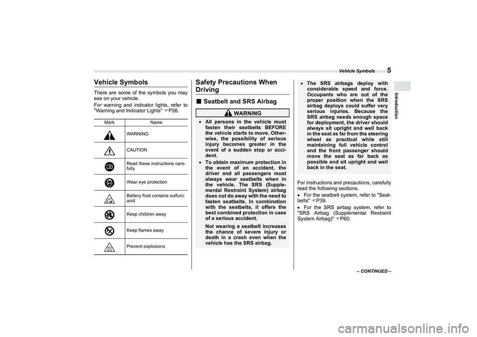SUBARU BRZ 2022 Owners Manual Vehicle Symbols
5
Introduction
– CONTINUED –
Vehicle SymbolsThere are some of the symbols you may
see on your vehicle.
For warning and indicator lights, refer to
"Warning and Indicator Lights" SUBARU BRZ 2022 Owners Manual Vehicle Symbols
5
Introduction
– CONTINUED –
Vehicle SymbolsThere are some of the symbols you may
see on your vehicle.
For warning and indicator lights, refer to
"Warning and Indicator Lights" 