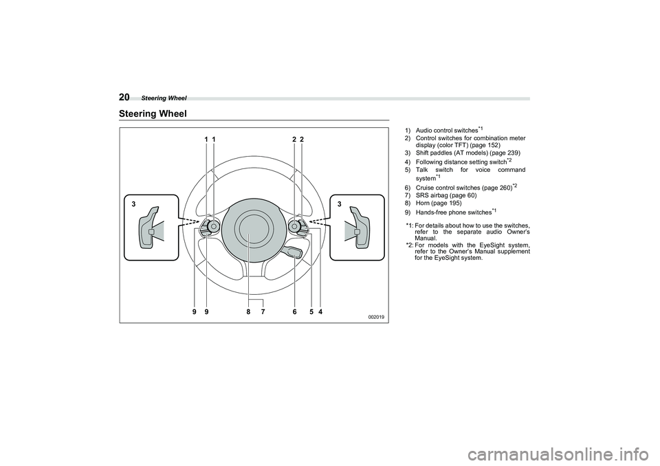 SUBARU BRZ 2022 Owners Manual Steering Wheel
20Steering Wheel
11
9
33
9
22
4
5
6
8
7
002019
1)Audio control switches
*1
2) Control switches for combination meter
display (color TFT) (page 152)
3) Shift paddles (AT models) (page 23