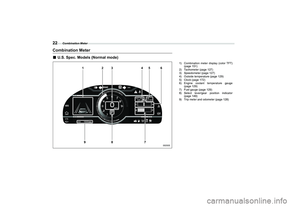 SUBARU BRZ 2022  Owners Manual Combination Meter
22Combination Meter■
U.S. Spec. Models (Normal mode)
1
2
3
7
8
9
4
5
6002005
1) Combination meter display (color TFT)(page 151)
2) Tachometer (page 127)
3) Speedometer (page 127)
4