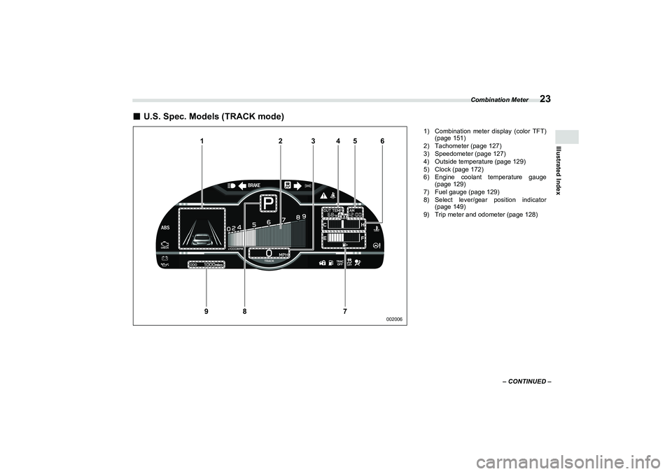 SUBARU BRZ 2022  Owners Manual Combination Meter
23
Illustrated Index
– CONTINUED –
■
U.S. Spec. Models (TRACK mode)
1
2
3
4
5
6
7
8
9
002006
1) Combination meter display (color TFT)(page 151)
2) Tachometer (page 127)
3) Spee