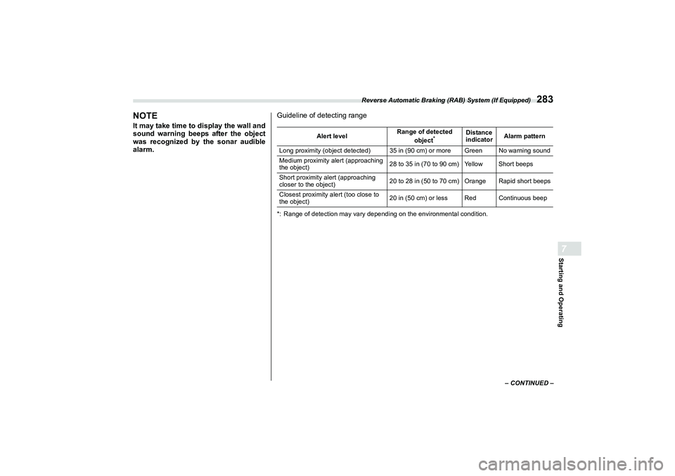 SUBARU BRZ 2022  Owners Manual Reverse Automatic Braking (RAB) System (If Equipped)
283
Starting and Operating7
– CONTINUED –
NOTEIt may take time to display the wall and
sound warning beeps after the object
was recognized by t