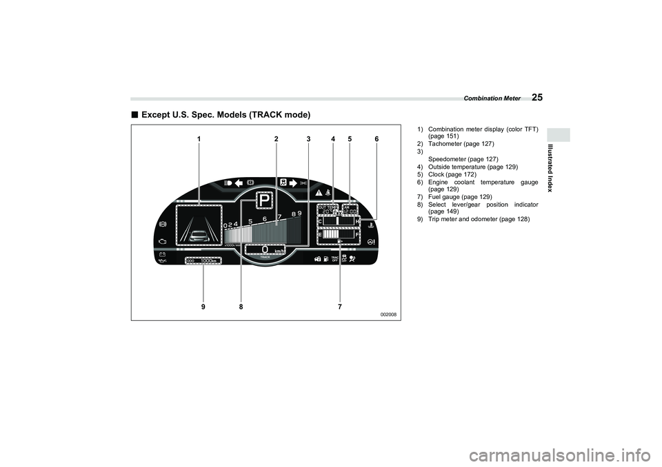 SUBARU BRZ 2022 Owners Guide Combination Meter
25
Illustrated Index
■
Except U.S. Spec. Models (TRACK mode)
1
2
3
4
5
6
7
8
9
002008
1) Combination meter display (color TFT)(page 151)
2) Tachometer (page 127)
3) Speedometer (pa