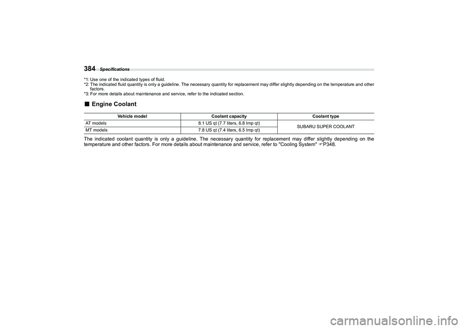 SUBARU BRZ 2022  Owners Manual Specifications
384*1: Use one of the indicated types of fluid.
*2: The indicated fluid quantity is only a guideline. The necessary quantity for replacement may differ slightly depending on the tempera