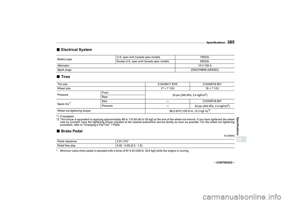 SUBARU BRZ 2022  Owners Manual Specifications
385
Specifications12
– CONTINUED –
■
Electrical System
■Tires
*1: If equipped
*2: This torque is equivalent to applying approximately 88 to 110 lbf (40 to 50 kgf) at the end of 