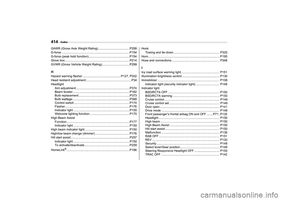 SUBARU BRZ 2022  Owners Manual Index
414GAWR (Gross Axle Weight Rating) .....................................P299
G-force .................................................................................P154
G-force (peak hold func