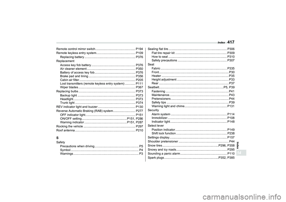 SUBARU BRZ 2022  Owners Manual Index
417
Index14
Remote control mirror switch ............................................... P194
Remote keyless entry  system......................................... ..... P109
Replacing battery .