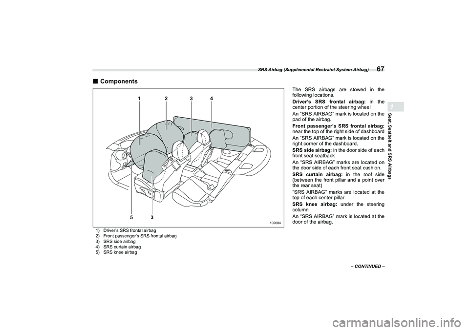 SUBARU BRZ 2022  Owners Manual SRS Airbag (Supplemental Restraint System Airbag)
67
Seat, Seatbelt and SRS Airbags1
– CONTINUED –
■
Components1) Driver’s SRS frontal airbag
2) Front passenger’s SRS frontal airbag
3) SRS s