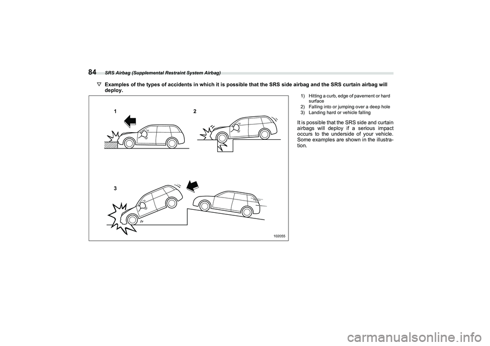 SUBARU BRZ 2022 Manual Online SRS Airbag (Supplemental Restraint System Airbag)
84
▽Examples of the types of accidents in which it is possible that the SRS side airbag and the SRS curtain airbag will
deploy.
1
3 2
102055
1) Hitt SUBARU BRZ 2022 Manual Online SRS Airbag (Supplemental Restraint System Airbag)
84
▽Examples of the types of accidents in which it is possible that the SRS side airbag and the SRS curtain airbag will
deploy.
1
3 2
102055
1) Hitt