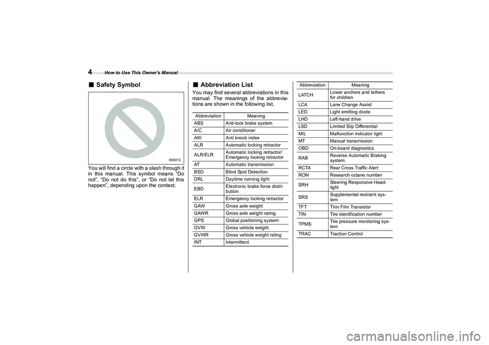 SUBARU BRZ 2022  Owners Manual How to Use This Owner’s Manual
4■
Safety Symbol
You will find a circle with a slash through it
in this manual. This symbol means “Do
not”, “Do not do this”, or “Do not let this
happen”