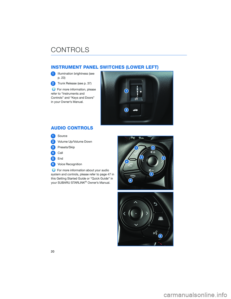 SUBARU BRZ 2022  Getting Started Guide INSTRUMENT PANEL SWITCHES (LOWER LEFT)
1Illumination brightness (see
p. 23)
2Trunk Release (see p. 37)
For more information, please
refer to “Instruments and
Controls” and “Keys and Doors”
in 