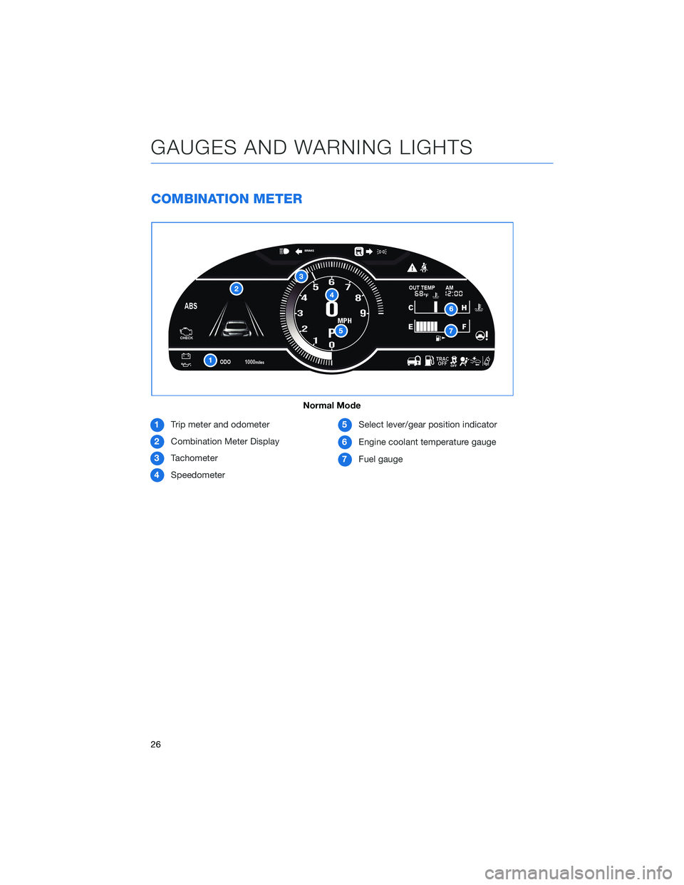 SUBARU BRZ 2022  Getting Started Guide COMBINATION METER
1Trip meter and odometer
2Combination Meter Display
3Tachometer
4Speedometer5Select lever/gear position indicator
6Engine coolant temperature gauge
7Fuel gauge
Normal Mode
GAUGES AND