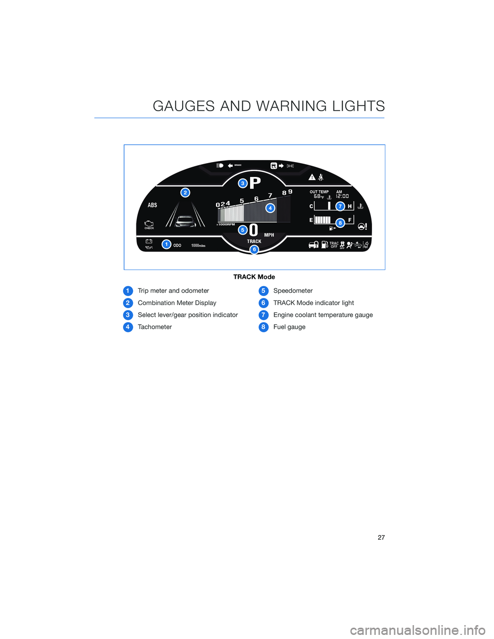 SUBARU BRZ 2022  Getting Started Guide 1Trip meter and odometer
2Combination Meter Display
3Select lever/gear position indicator
4Tachometer5Speedometer
6TRACK Mode indicator light
7Engine coolant temperature gauge
8Fuel gauge
TRACK Mode
G