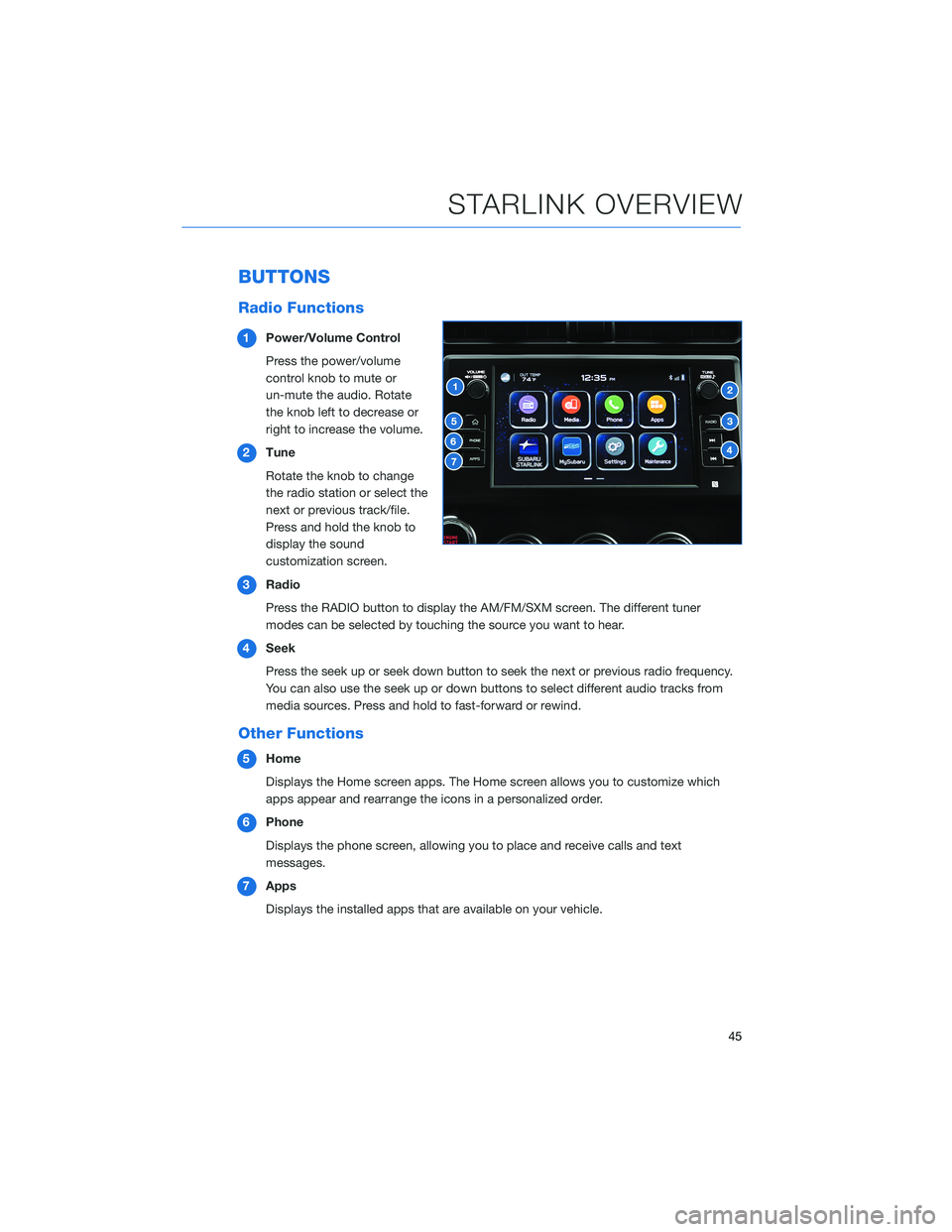 SUBARU BRZ 2022  Getting Started Guide BUTTONS
Radio Functions
1Power/Volume Control
Press the power/volume
control knob to mute or
un-mute the audio. Rotate
the knob left to decrease or
right to increase the volume.
2Tune
Rotate the knob 