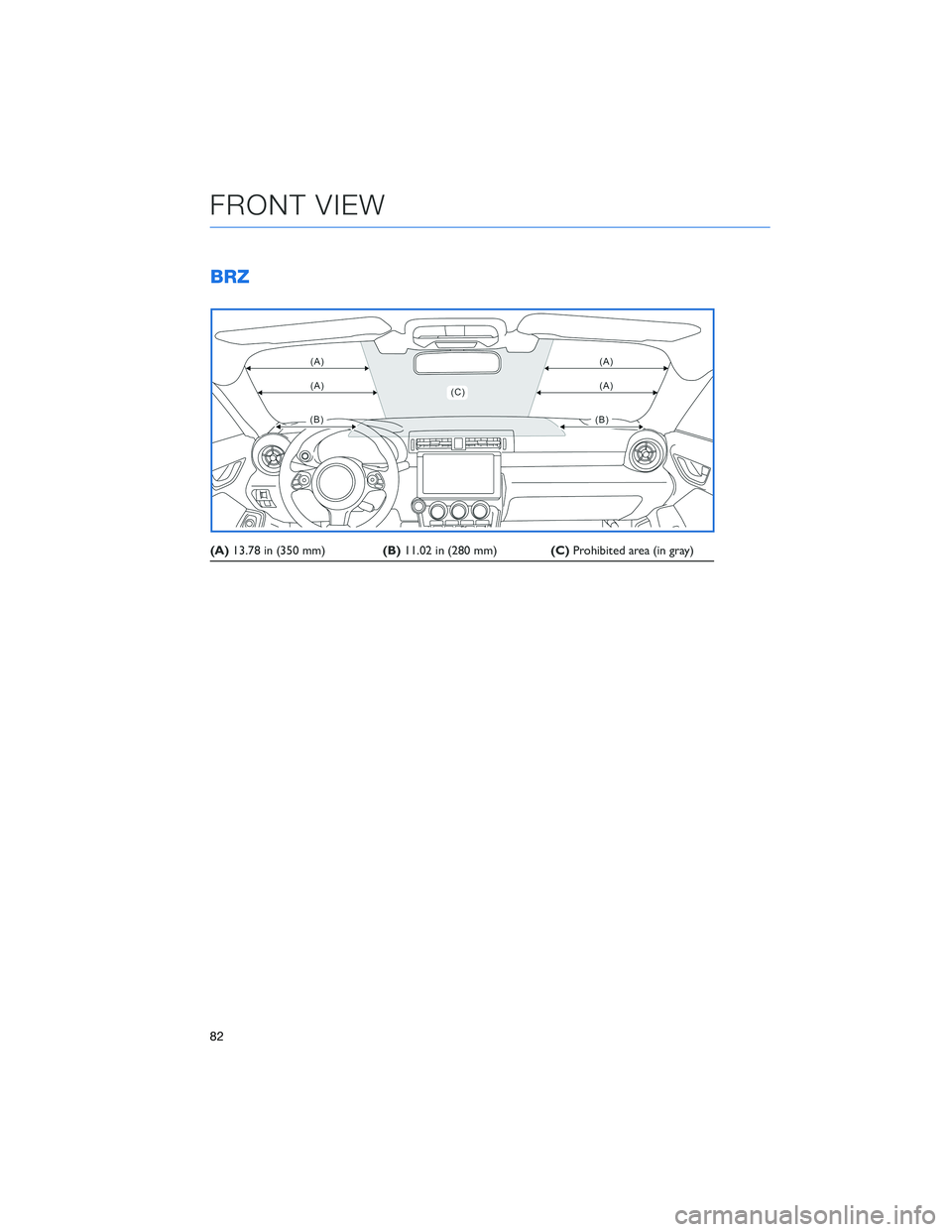 SUBARU BRZ 2022 Getting Started Guide BRZ
(A)13.78 in (350 mm)(B)11.02 in (280 mm)(C)Prohibited area (in gray)
FRONT VIEW
82 SUBARU BRZ 2022 Getting Started Guide BRZ
(A)13.78 in (350 mm)(B)11.02 in (280 mm)(C)Prohibited area (in gray)
FRONT VIEW
82