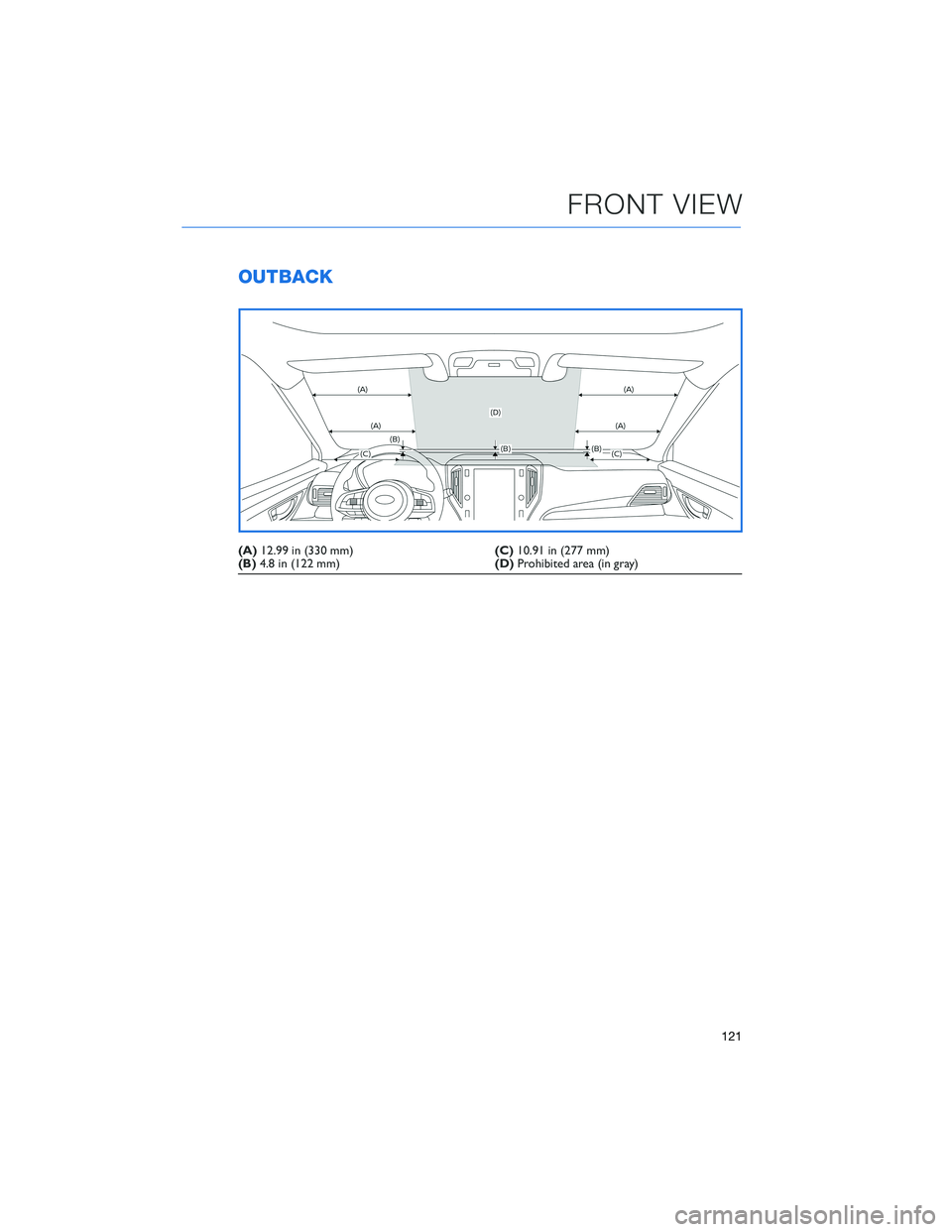 SUBARU OUTBACK 2021 Getting Started Guide OUTBACK
(A)12.99 in (330 mm)(C)10.91 in (277 mm)
(B)4.8 in (122 mm)(D)Prohibited area (in gray)
FRONT VIEW
121 SUBARU OUTBACK 2021 Getting Started Guide OUTBACK
(A)12.99 in (330 mm)(C)10.91 in (277 mm)
(B)4.8 in (122 mm)(D)Prohibited area (in gray)
FRONT VIEW
121
