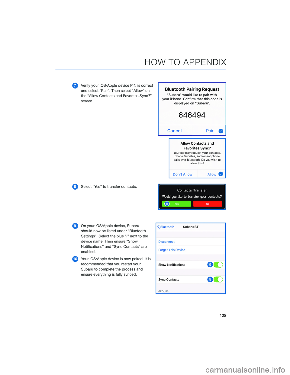 SUBARU OUTBACK 2021  Getting Started Guide 7Verify your iOS/Apple device PIN is correct
and select “Pair”. Then select “Allow” on
the “Allow Contacts and Favorites Sync?”
screen.
8Select “Yes” to transfer contacts.
9On your iOS