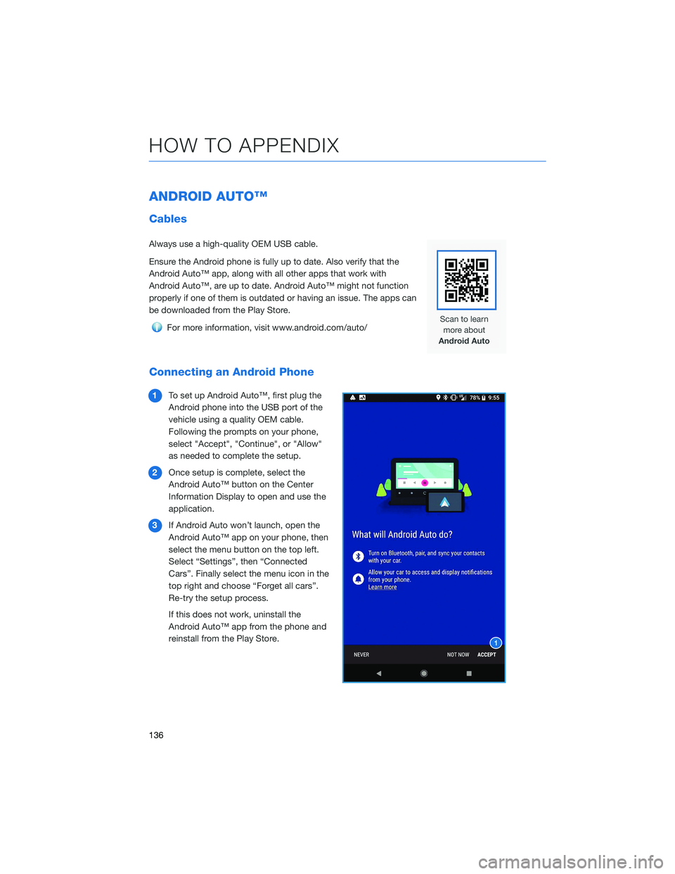 SUBARU OUTBACK 2021 Getting Started Guide ANDROID AUTO™
Cables
Always use a high-quality OEM USB cable.
Ensure the Android phone is fully up to date. Also verify that the
Android Auto™ app, along with all other apps that work with
Android SUBARU OUTBACK 2021 Getting Started Guide ANDROID AUTO™
Cables
Always use a high-quality OEM USB cable.
Ensure the Android phone is fully up to date. Also verify that the
Android Auto™ app, along with all other apps that work with
Android