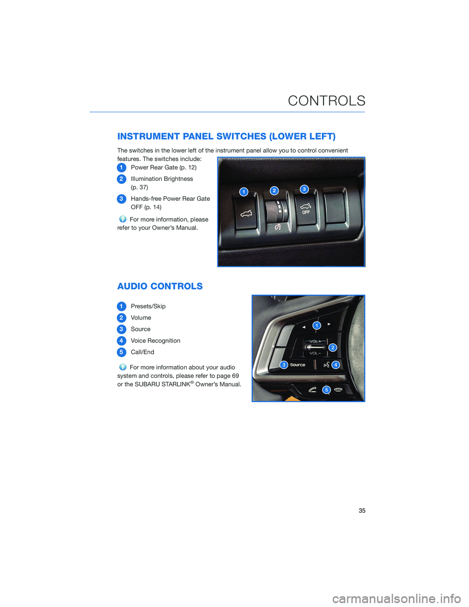 SUBARU OUTBACK 2021  Getting Started Guide INSTRUMENT PANEL SWITCHES (LOWER LEFT)
The switches in the lower left of the instrument panel allow you to control convenient
features. The switches include:
1Power Rear Gate (p. 12)
2Illumination Bri