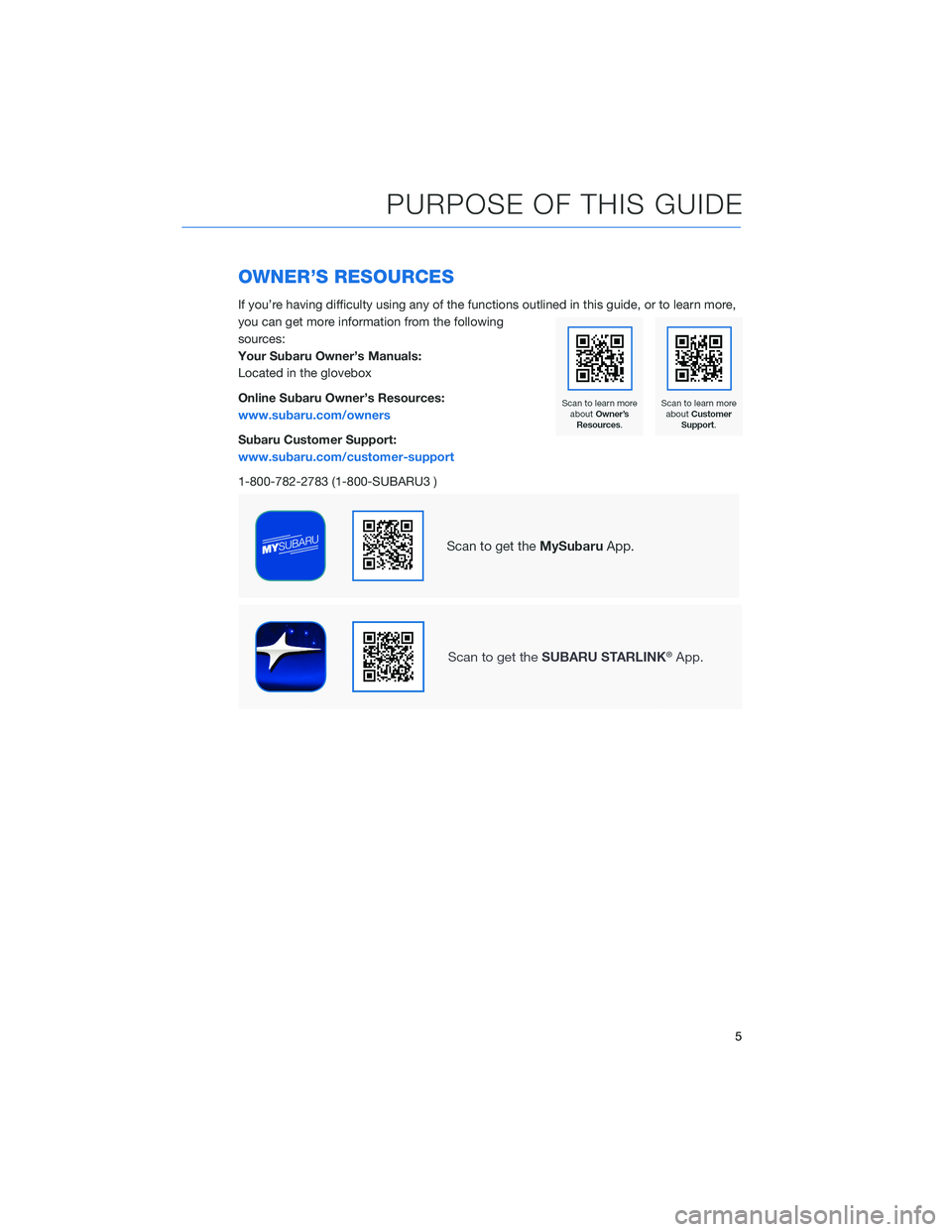 SUBARU OUTBACK 2021 Getting Started Guide OWNER’S RESOURCES
If you’re having difficulty using any of the functions outlined in this guide, or to learn more,
you can get more information from the following
sources:
Your Subaru Owner’s Ma SUBARU OUTBACK 2021 Getting Started Guide OWNER’S RESOURCES
If you’re having difficulty using any of the functions outlined in this guide, or to learn more,
you can get more information from the following
sources:
Your Subaru Owner’s Ma