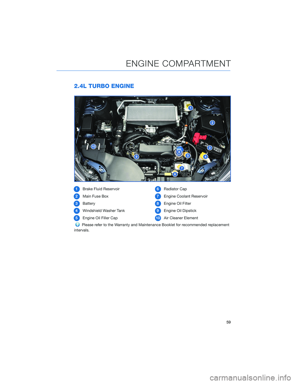 SUBARU OUTBACK 2021 Getting Started Guide 2.4L TURBO ENGINE
1Brake Fluid Reservoir
2Main Fuse Box
3Battery
4Windshield Washer Tank
5Engine Oil Filler Cap6Radiator Cap
7Engine Coolant Reservoir
8Engine Oil Filter
9Engine Oil Dipstick
10Air Cle SUBARU OUTBACK 2021 Getting Started Guide 2.4L TURBO ENGINE
1Brake Fluid Reservoir
2Main Fuse Box
3Battery
4Windshield Washer Tank
5Engine Oil Filler Cap6Radiator Cap
7Engine Coolant Reservoir
8Engine Oil Filter
9Engine Oil Dipstick
10Air Cle